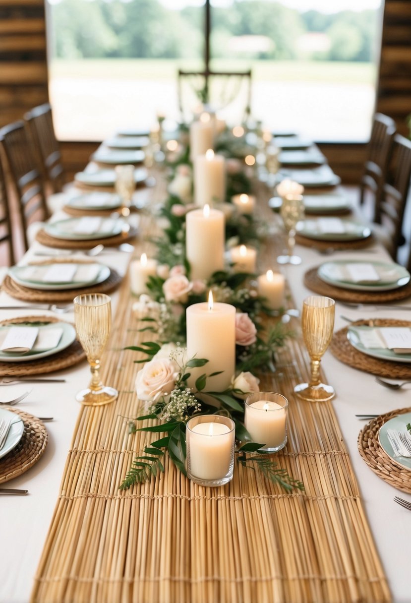 Bamboo mats laid as table runners, adorned with delicate floral arrangements and candles, creating a serene and elegant wedding table setting