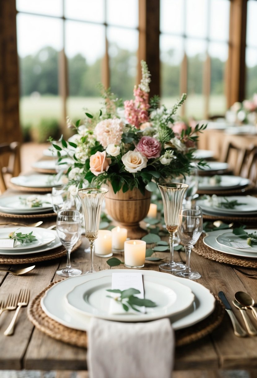 A rustic wooden table adorned with elegant floral centerpieces and delicate place settings