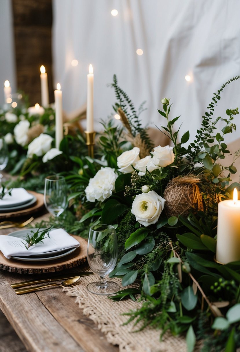 A rustic wooden table adorned with lush greenery, white flowers, and earthy accents, set against a backdrop of soft candlelight and natural textures