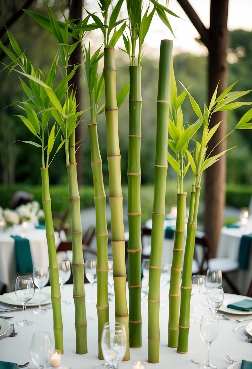 Bamboo stalks of varying heights arranged on a wedding table, creating a visually appealing height variation for a natural and elegant decoration