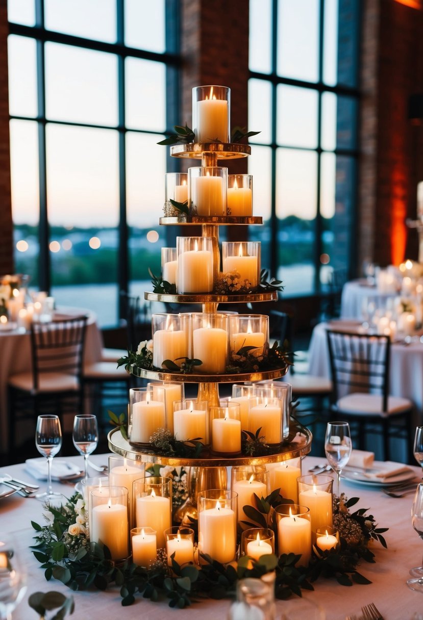 A multi-level display of candles creates a stunning wedding table centerpiece