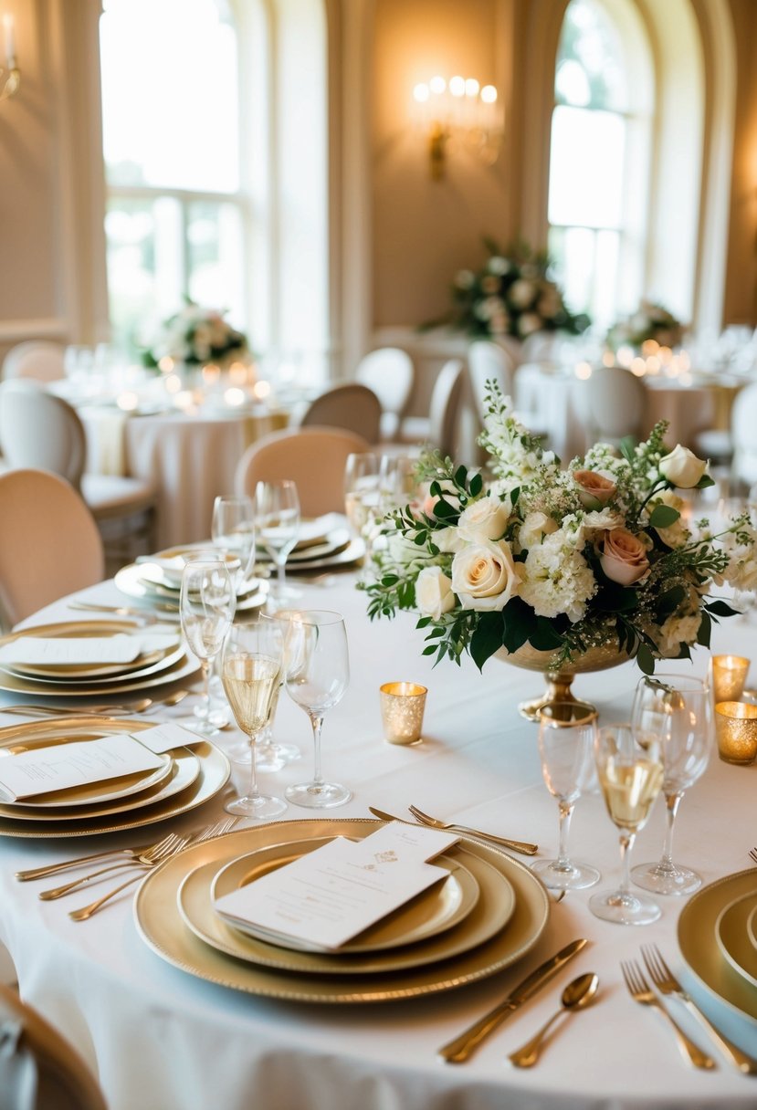 A beautifully set wedding table adorned with luxurious linens, elegant place settings, and tasteful floral centerpieces exuding an air of classic sophistication and timeless elegance