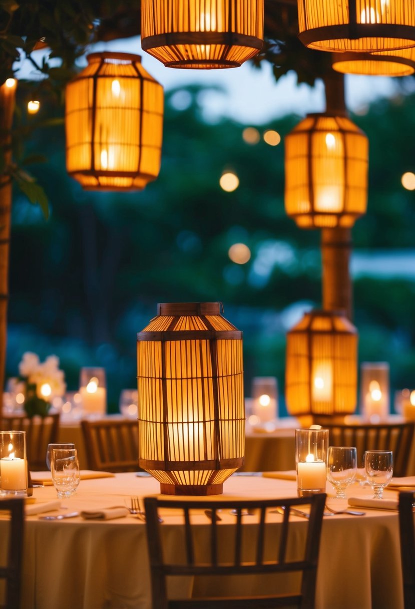 Bamboo lanterns casting warm light on a wedding table, creating a cozy and romantic ambiance