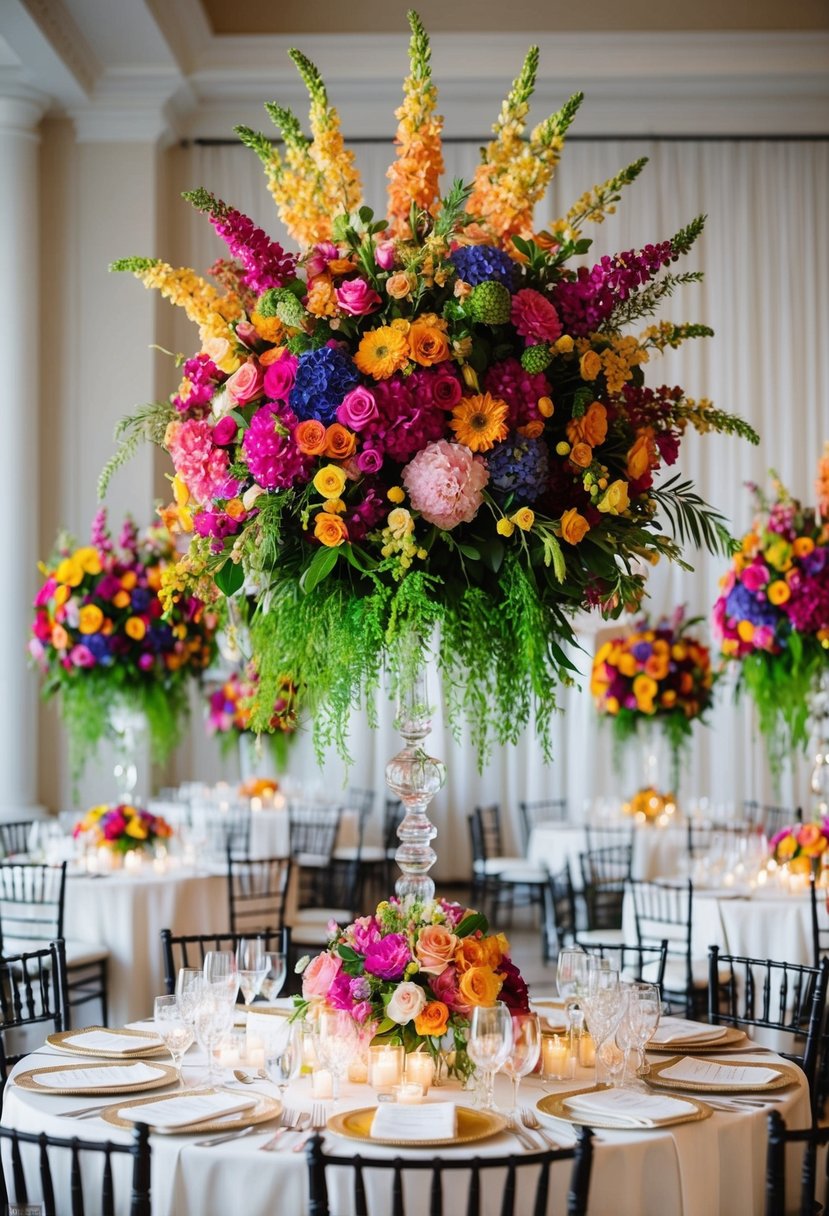 Lush, colorful floral arrangements tower above elegant wedding tables, creating a stunning and vibrant centerpiece