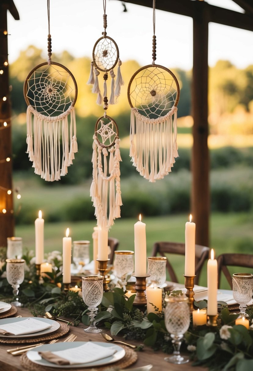 A rustic wedding table adorned with macramé plant hangers, dreamcatchers, and vintage candles