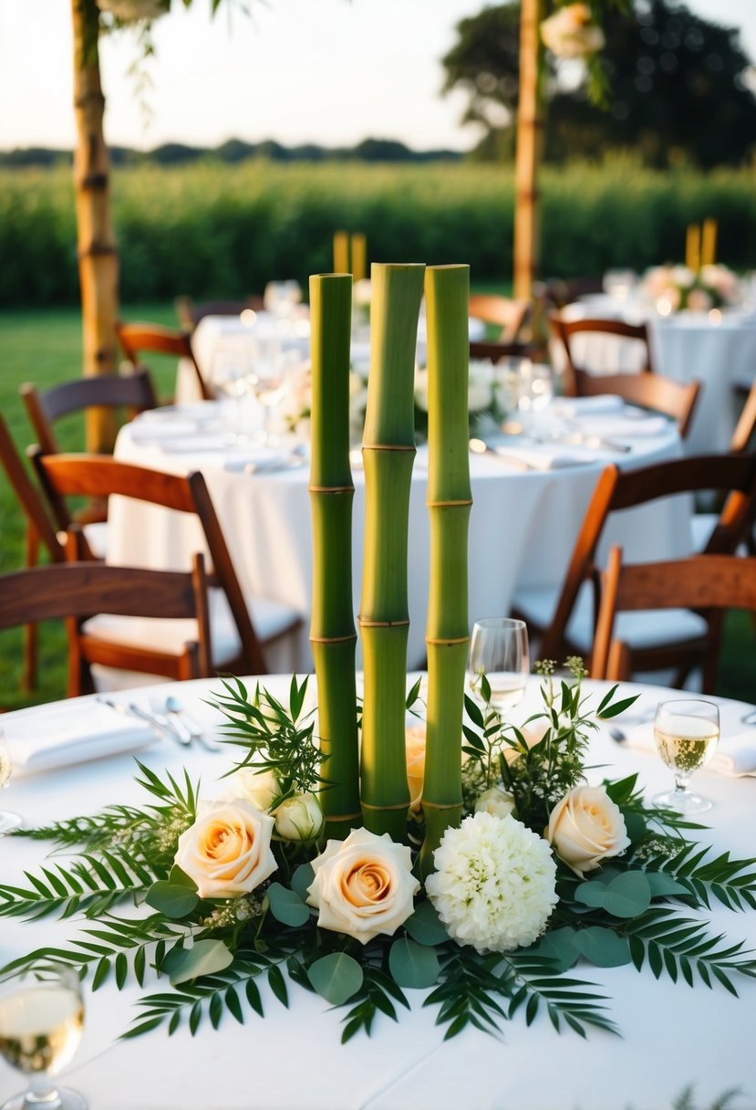 Bamboo and flowers layered on wedding table for decoration