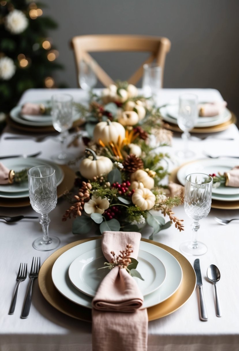 A table set with delicate florals and seasonal accents