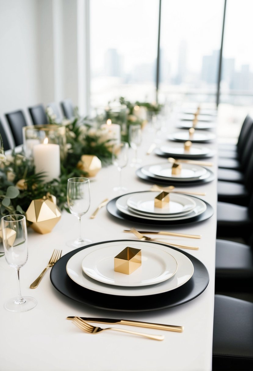 A white and gold minimalist wedding table with sleek plates, geometric centerpieces, and elegant gold cutlery