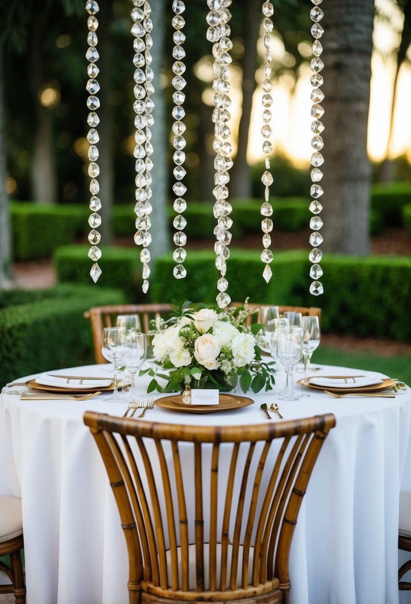 A bamboo table adorned with hanging crystals for a wedding centerpiece