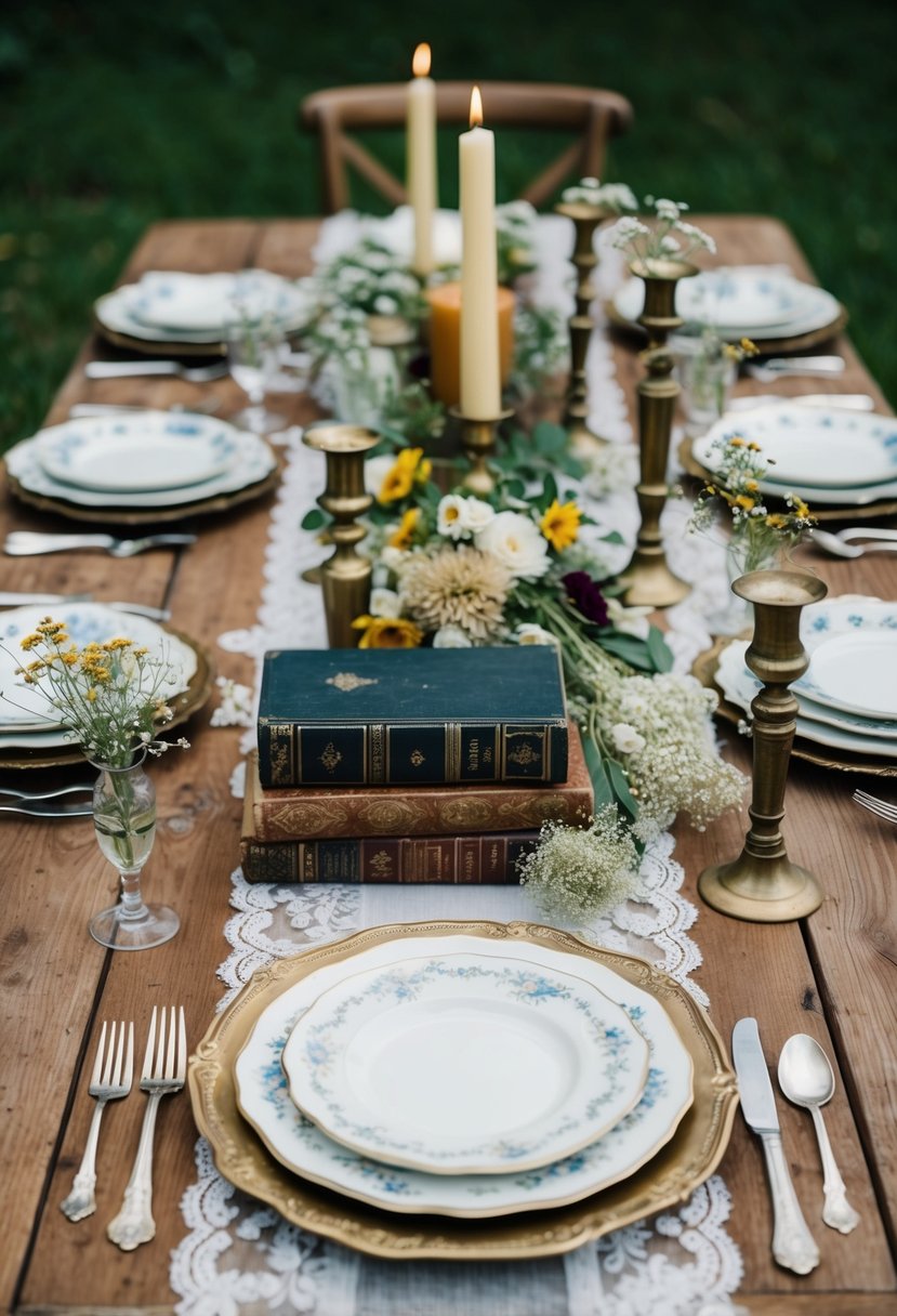 A rustic wooden table adorned with vintage china, antique silverware, and delicate lace table runners. A mix of old books, brass candlesticks, and wildflowers create a charming and timeless wedding centerpiece