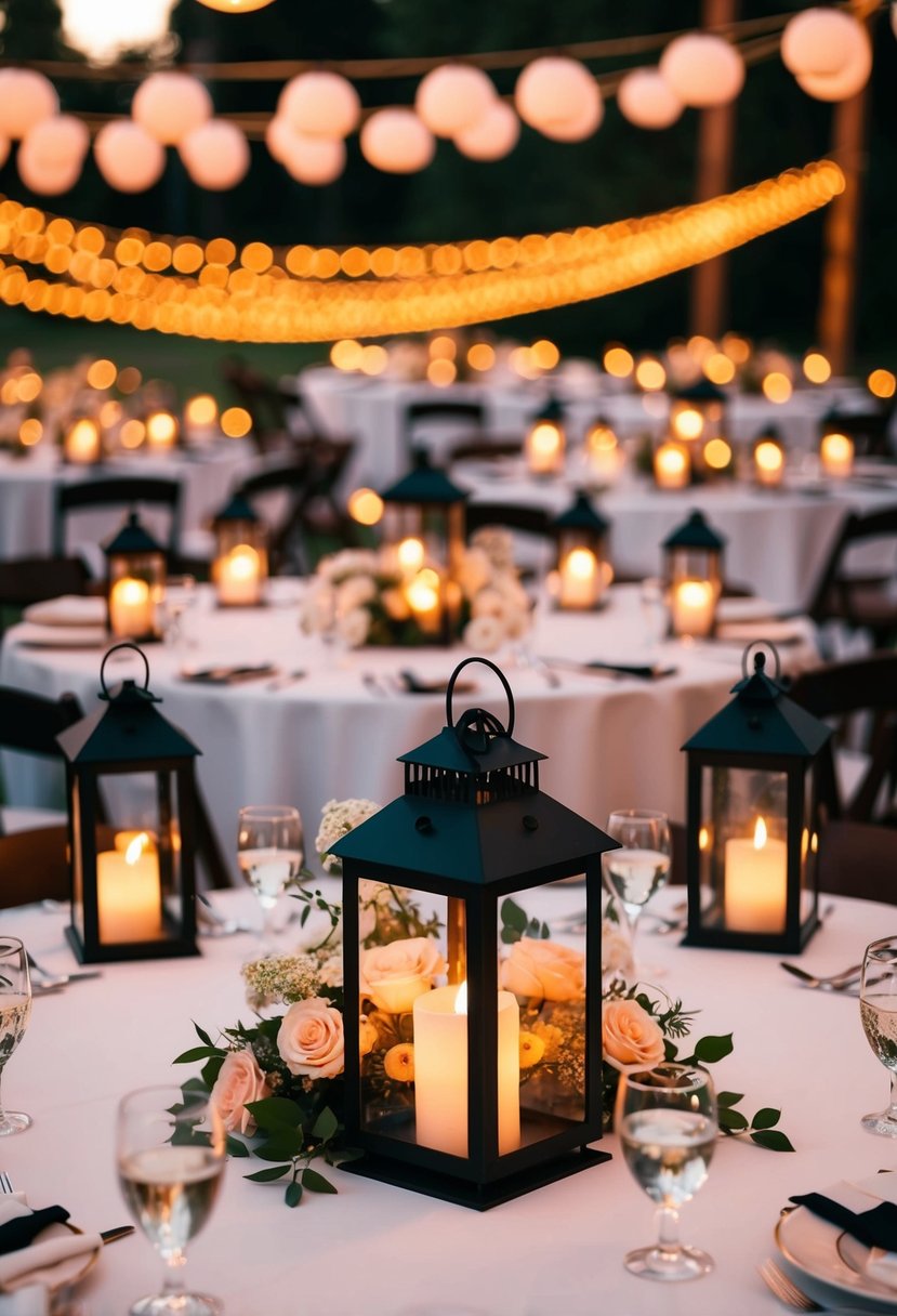 A table adorned with lanterns in a warm glow, creating a breathtaking wedding decoration