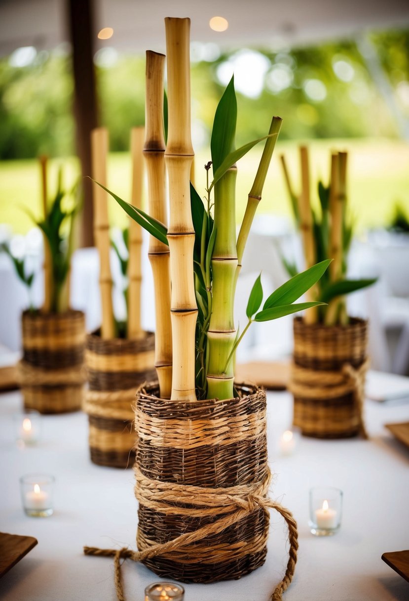 Bamboo and twine woven into rustic table centerpieces for a wedding