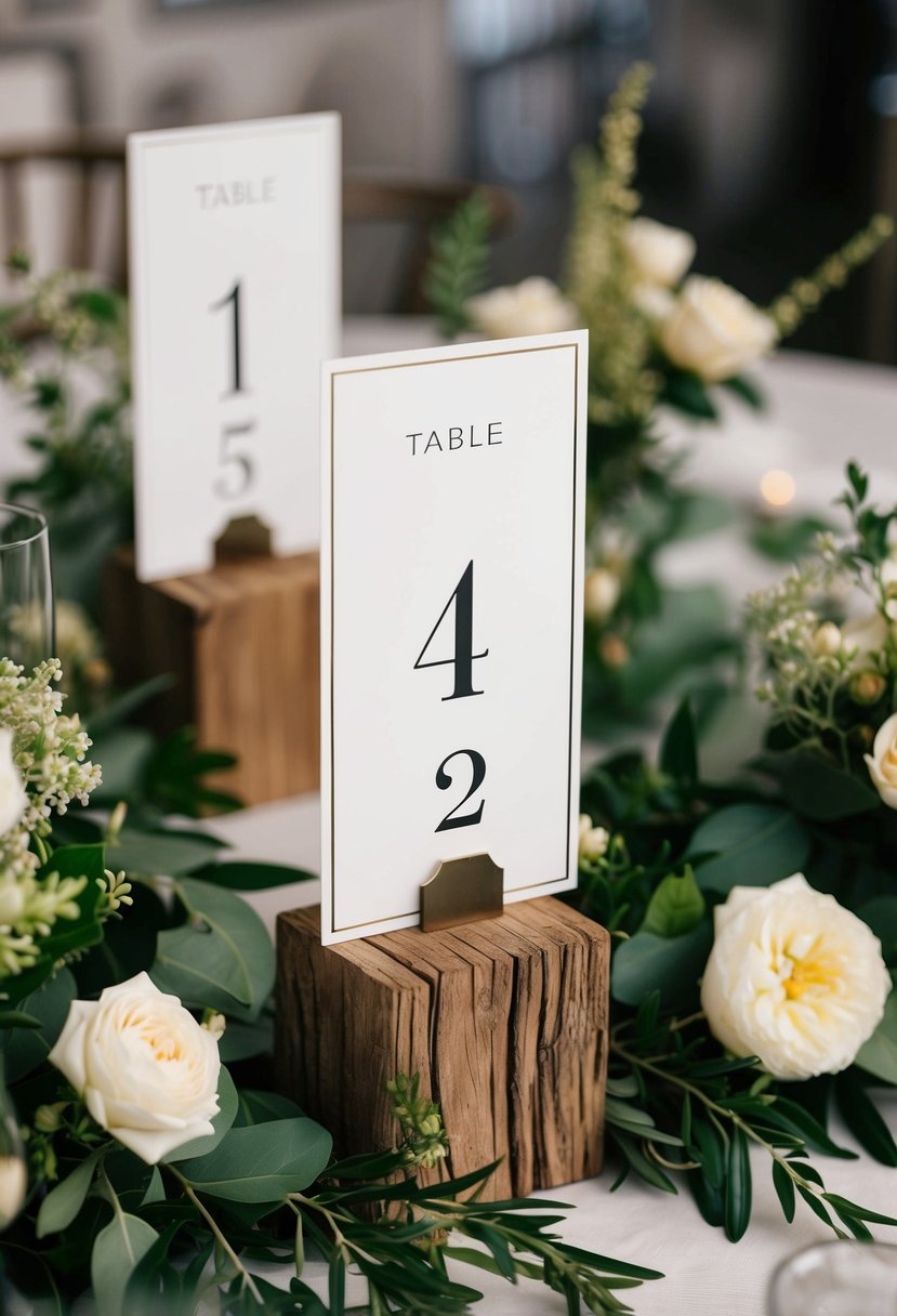 A set of elegant table numbers arranged on rustic wooden stands, surrounded by lush greenery and delicate floral arrangements