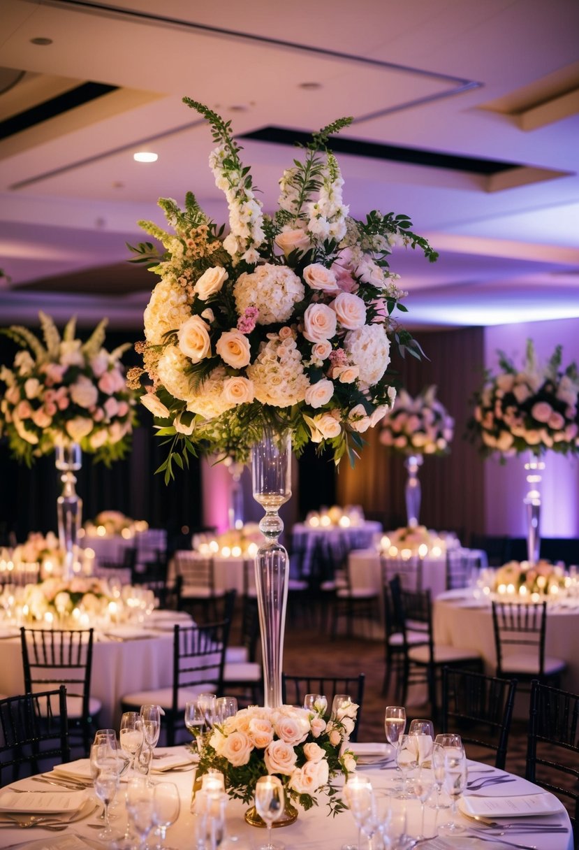 Tall floral centerpieces adorn elegant wedding tables, creating a dramatic and breathtaking atmosphere