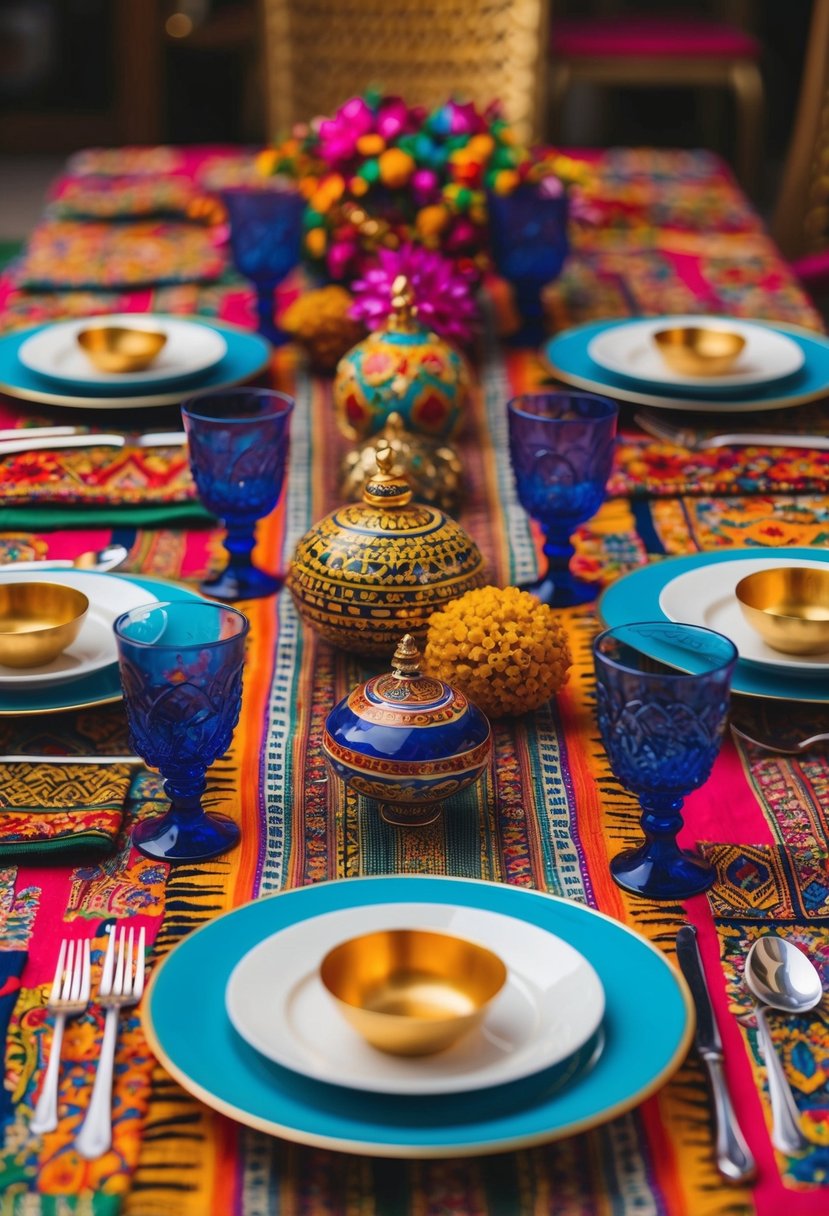 A vibrant table adorned with a mix of cultural elements - bold patterns, exotic textures, and eclectic ornaments - creating a fusion of traditions