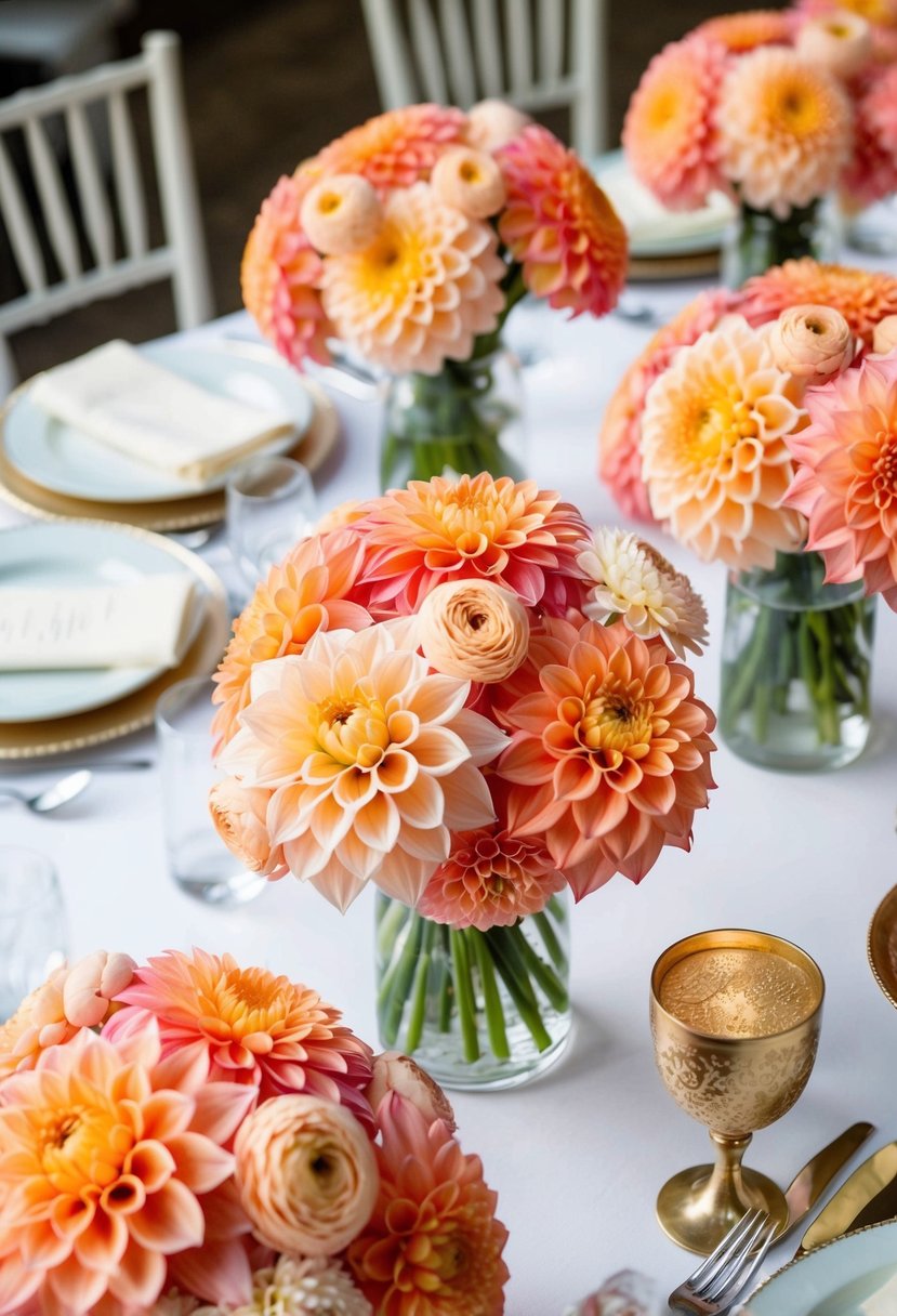 Bouquets of coral and peach dahlias adorn a stunning wedding table