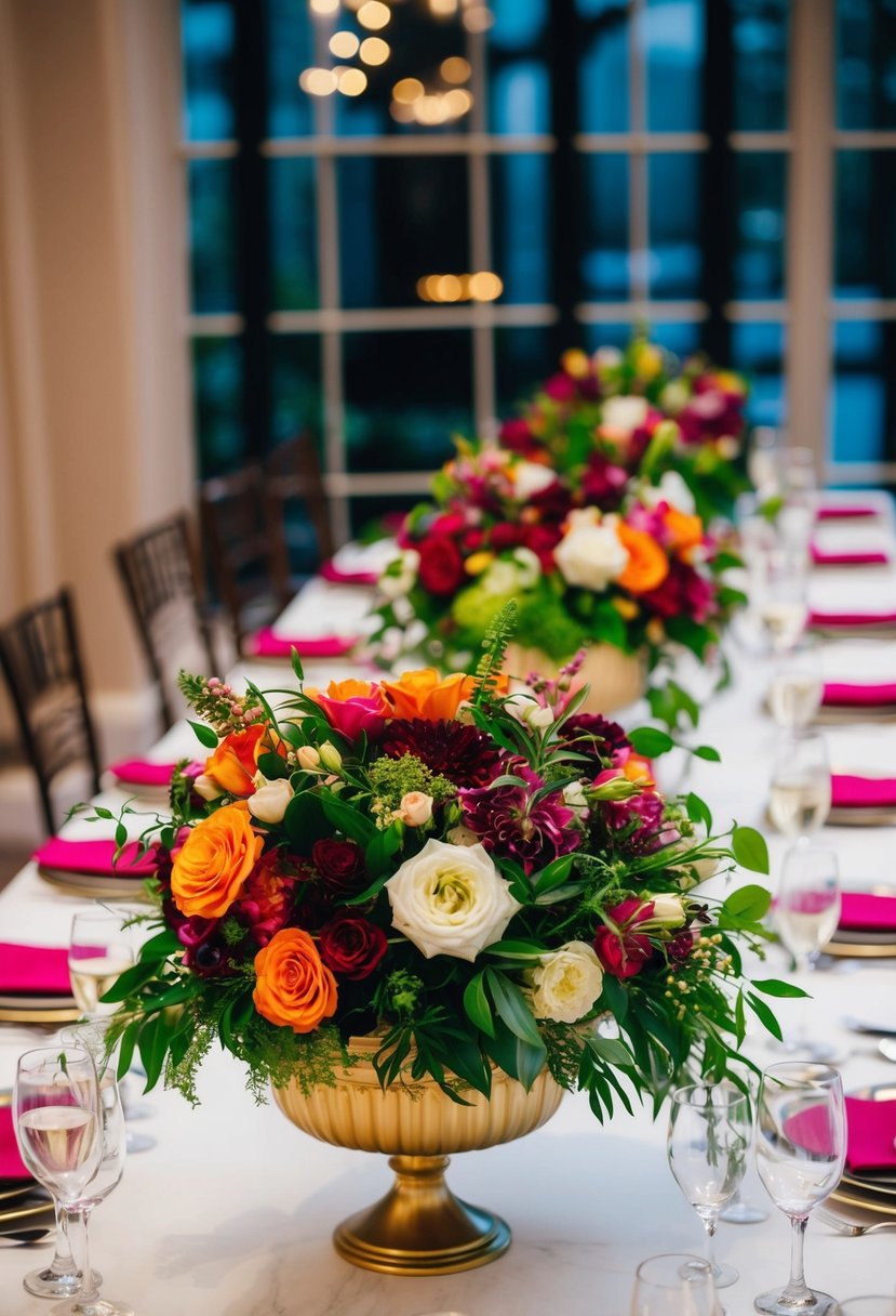 Lush compotes overflow with vibrant florals on a chic wedding table