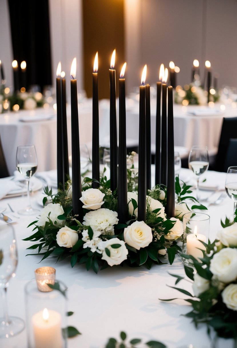 Black taper candles arranged in a cluster amidst white floral centerpieces on a sleek, modern wedding reception table