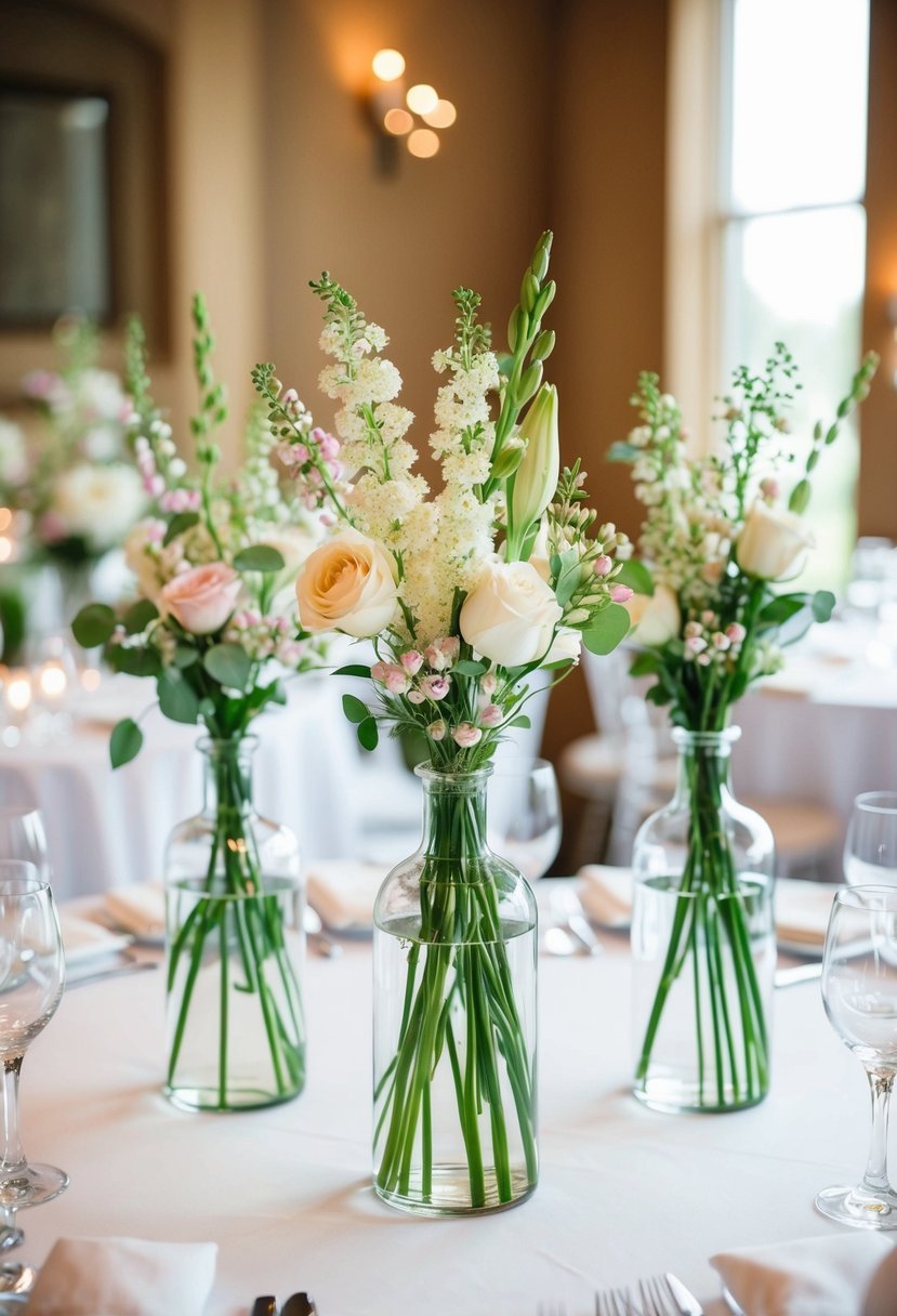 Bud vases with dainty florals adorn a wedding table, creating a breathtaking and elegant centerpiece