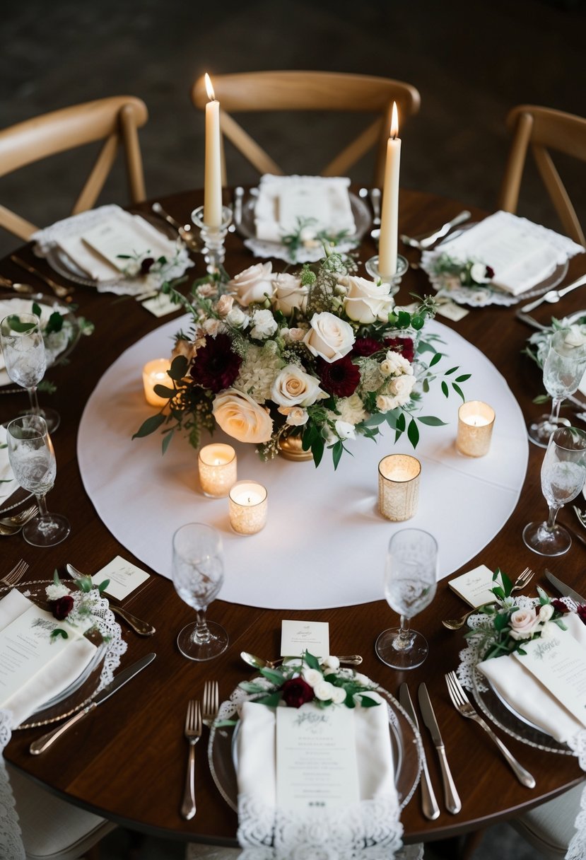 A circular wedding table adorned with floral centerpieces, candles, and delicate lace runners