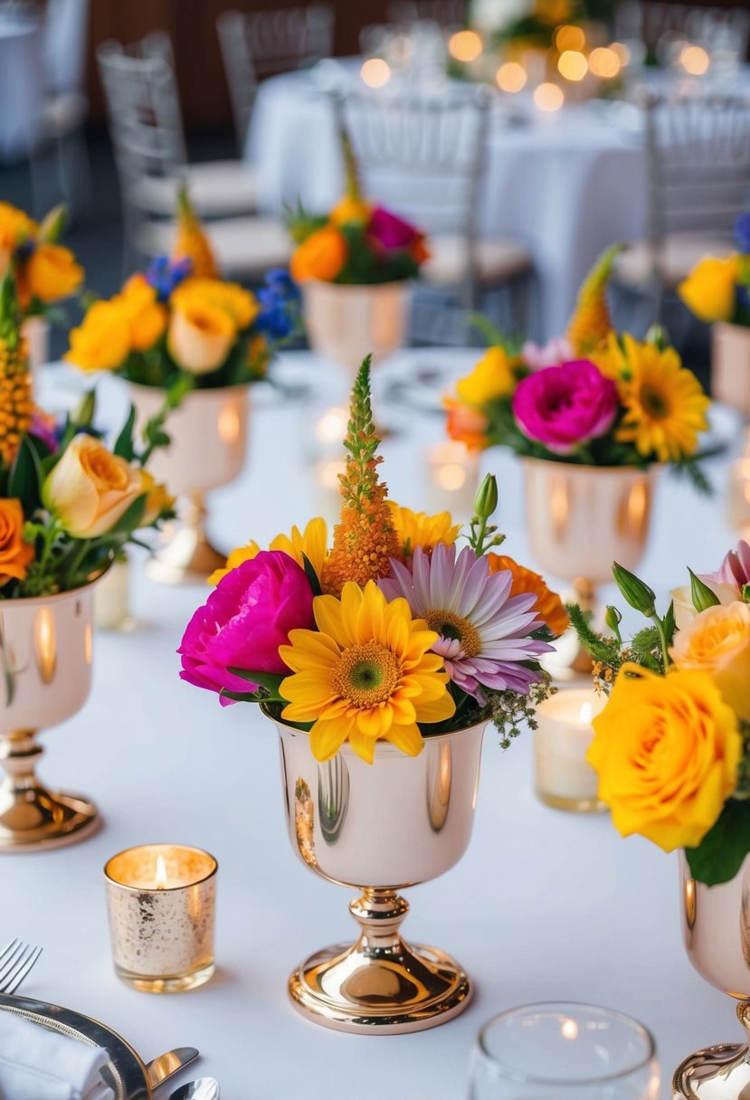 Elegant mini compotes filled with colorful flowers arranged in stunning collections on a wedding reception table