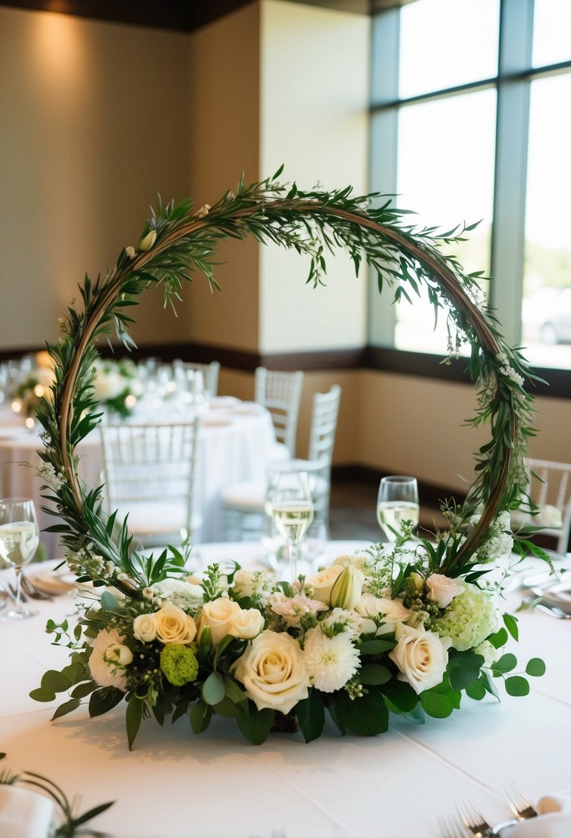 A circular floral hoop centerpiece sits atop a wedding reception table, adorned with an array of fresh flowers and greenery, creating a beautiful and elegant focal point for the celebration