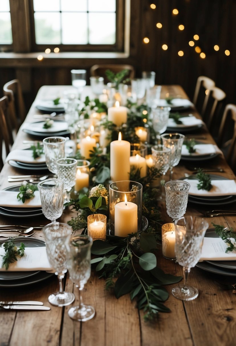 A rustic wooden table adorned with a variety of elegant, flower-free centerpiece combinations, including candles, greenery, and intricate glassware