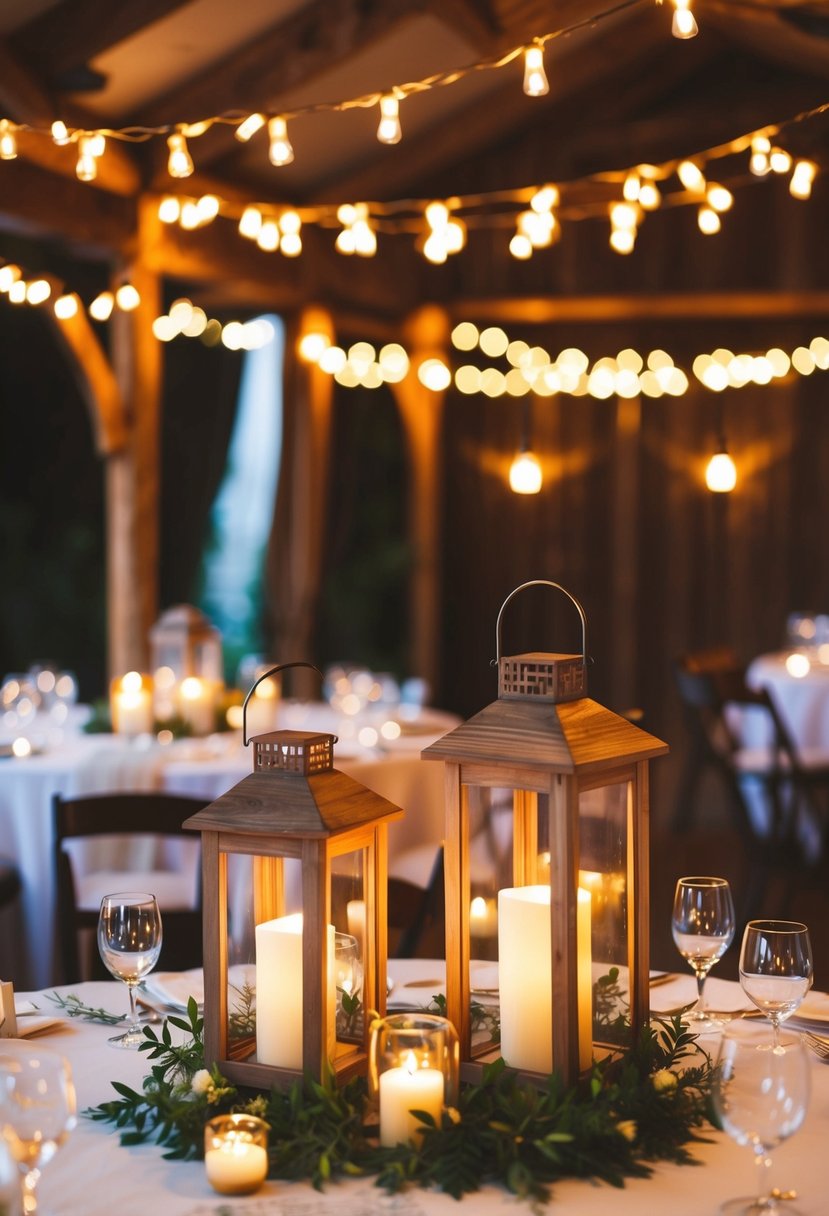 Rustic wooden lanterns adorn a circular wedding table, casting warm, flickering light over the elegant decor