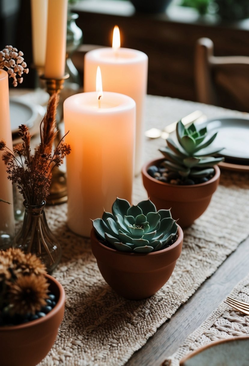 A terracotta table centerpiece with candles, succulents, and dried flowers