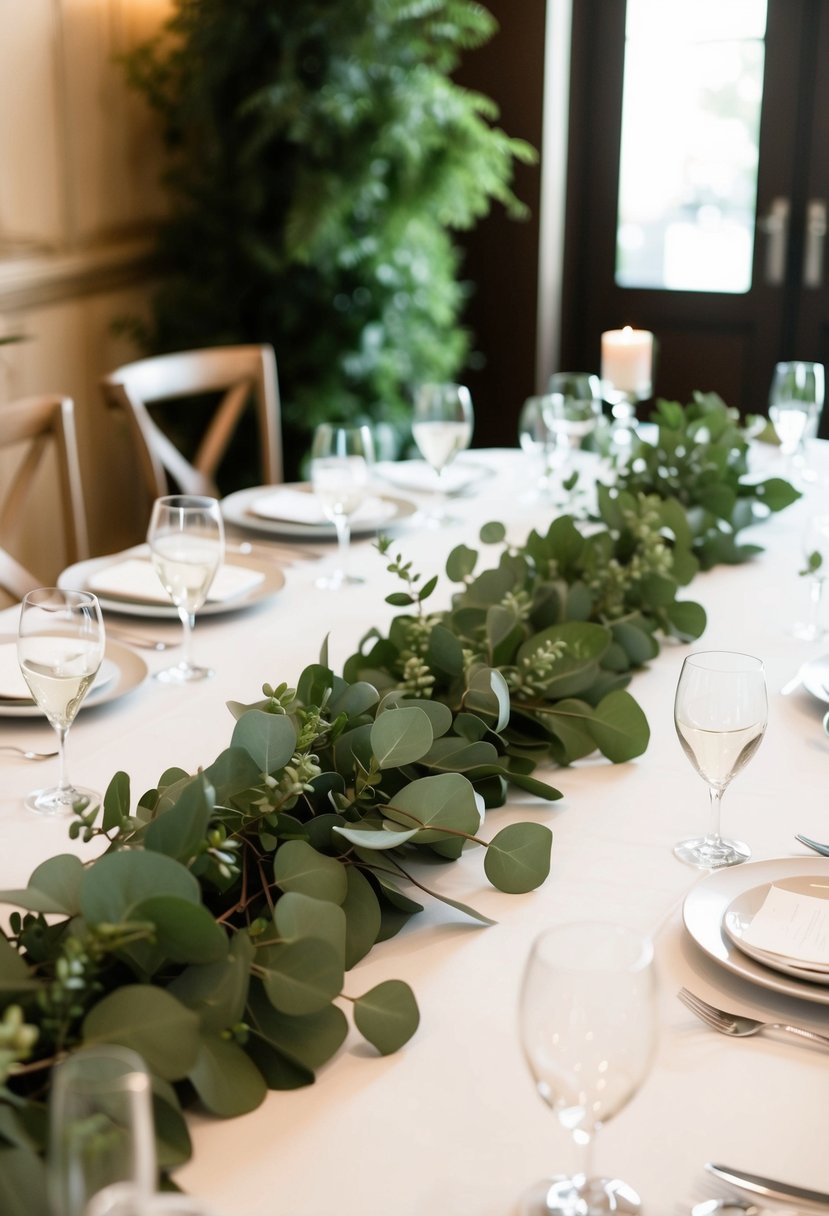 A circular table adorned with a lush eucalyptus garland table runner, creating a natural and elegant wedding centerpiece