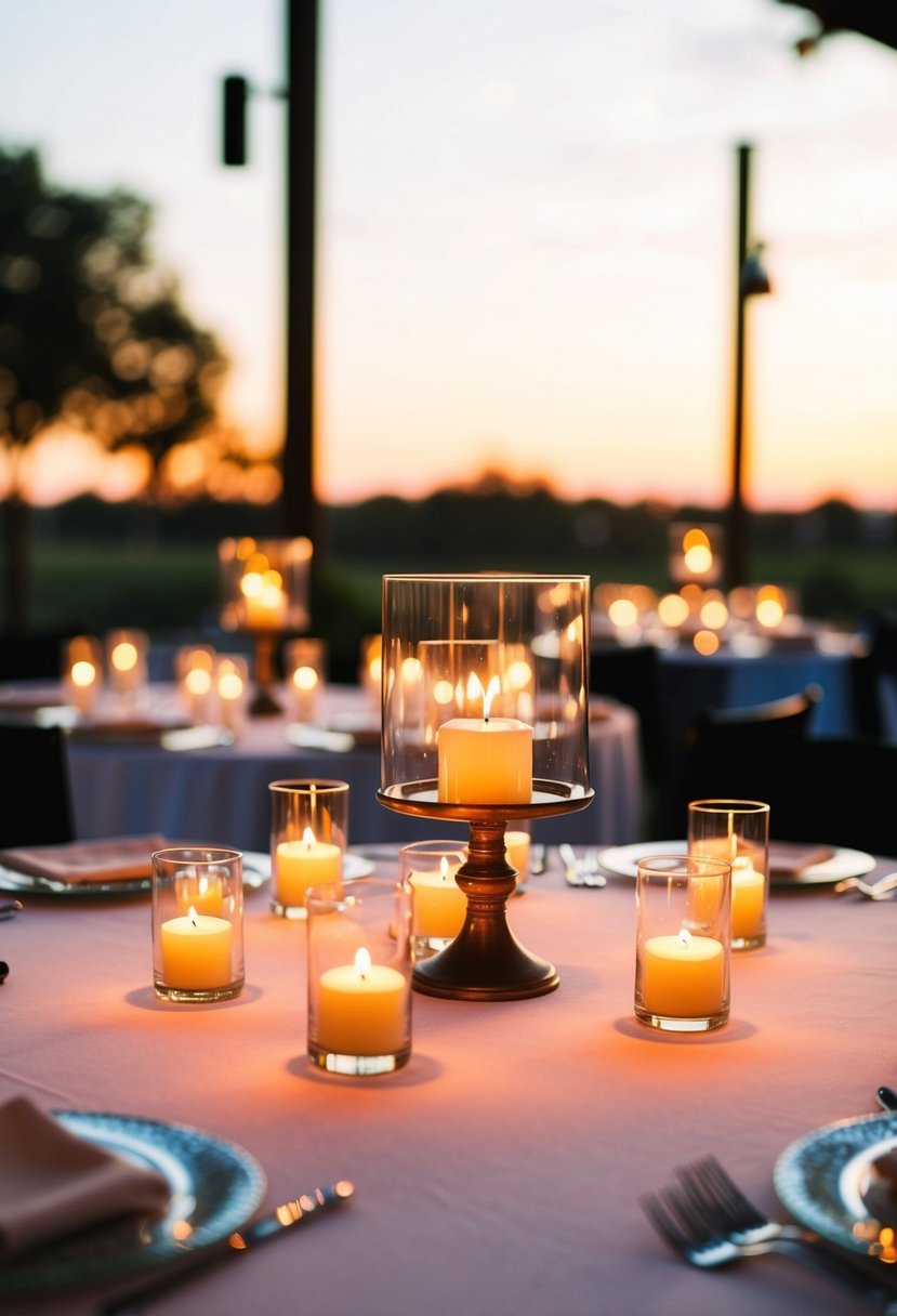 Circular table adorned with glass-holder candles, casting a warm glow for a wedding celebration