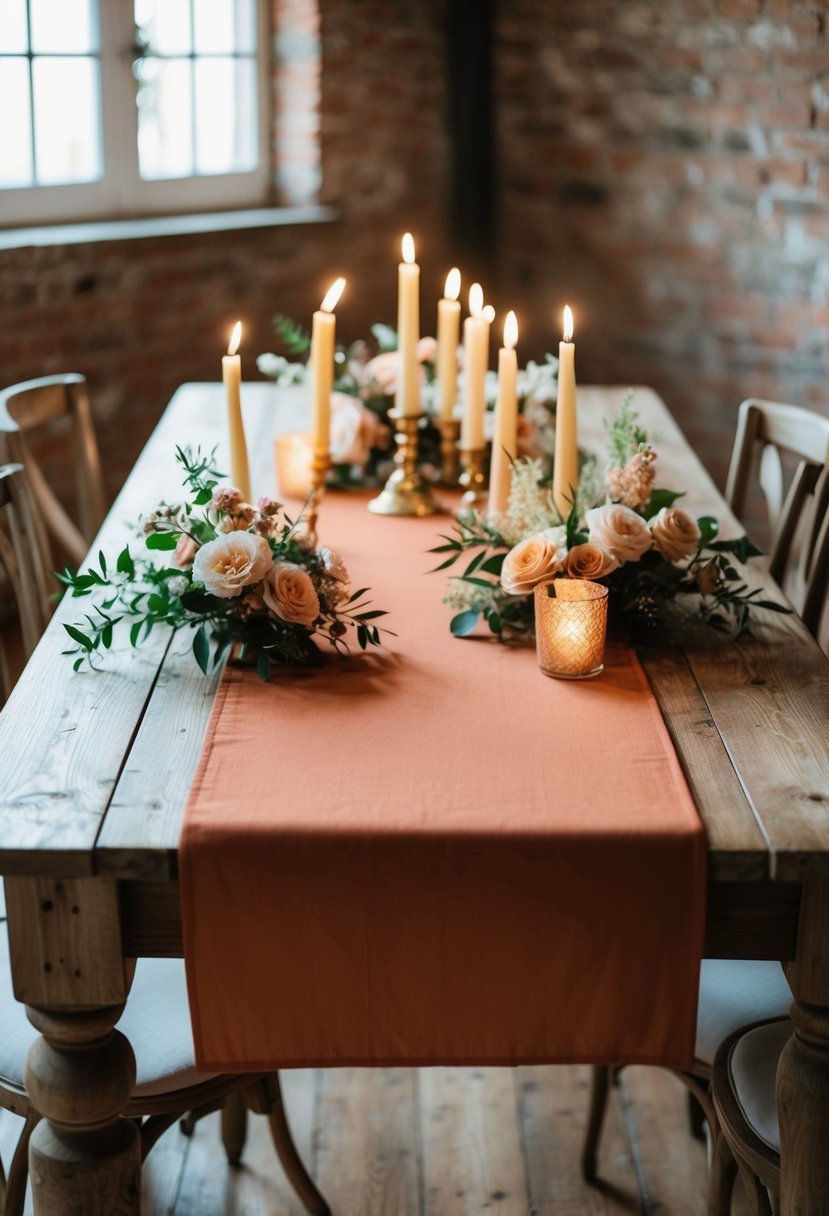 A terracotta cheesecloth table runner drapes elegantly across a rustic wooden table, adorned with delicate floral arrangements and flickering candles