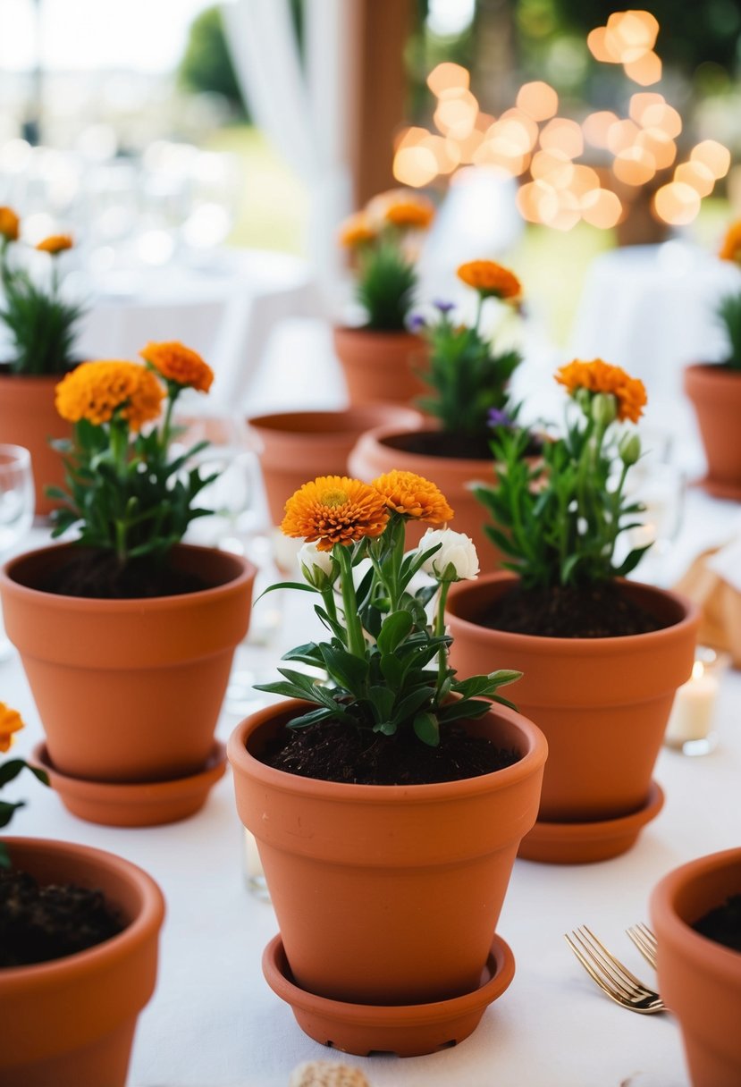 Terracotta planting pots arranged as centerpieces on wedding tables