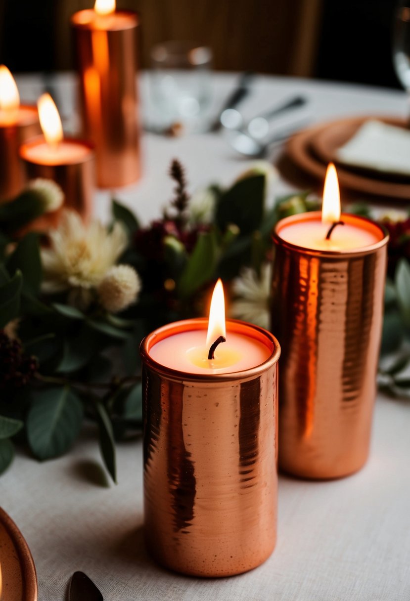 Copper terracotta candles glow amidst earthy wedding table decor