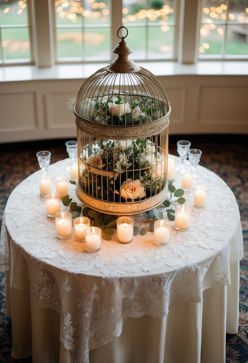 A vintage birdcage filled with flowers sits atop a circular wedding table, surrounded by delicate lace and twinkling candlelight