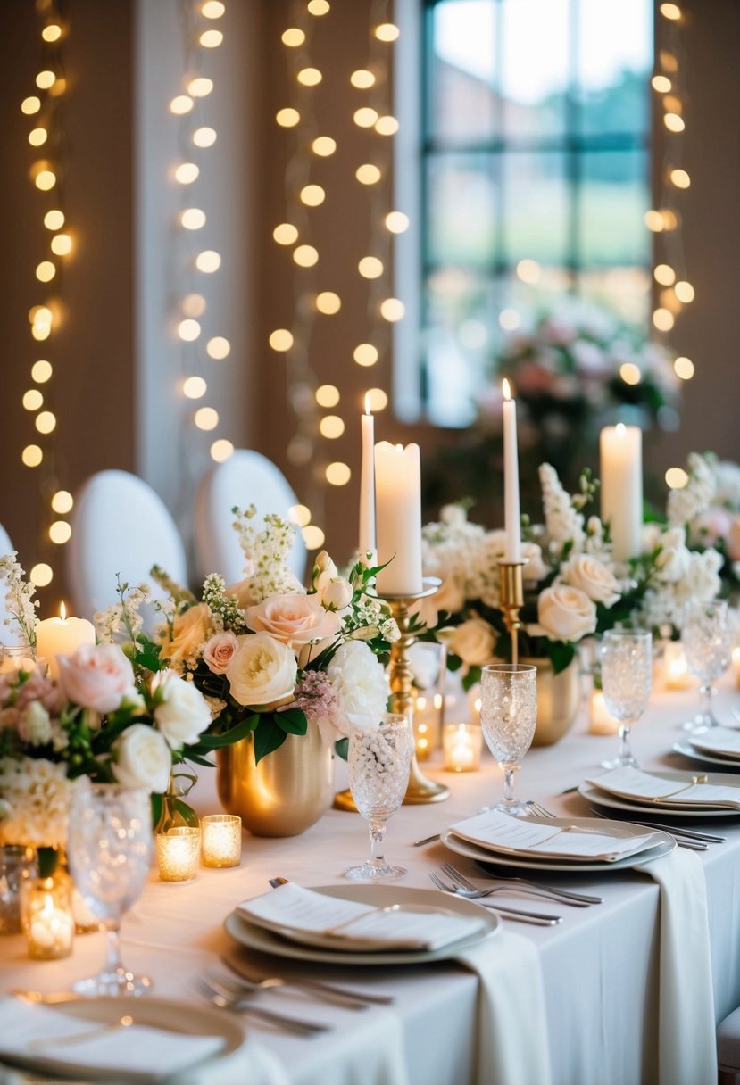 A table adorned with delicate floral centerpieces, elegant candle holders, and sparkling fairy lights, creating a charming atmosphere for a wedding celebration