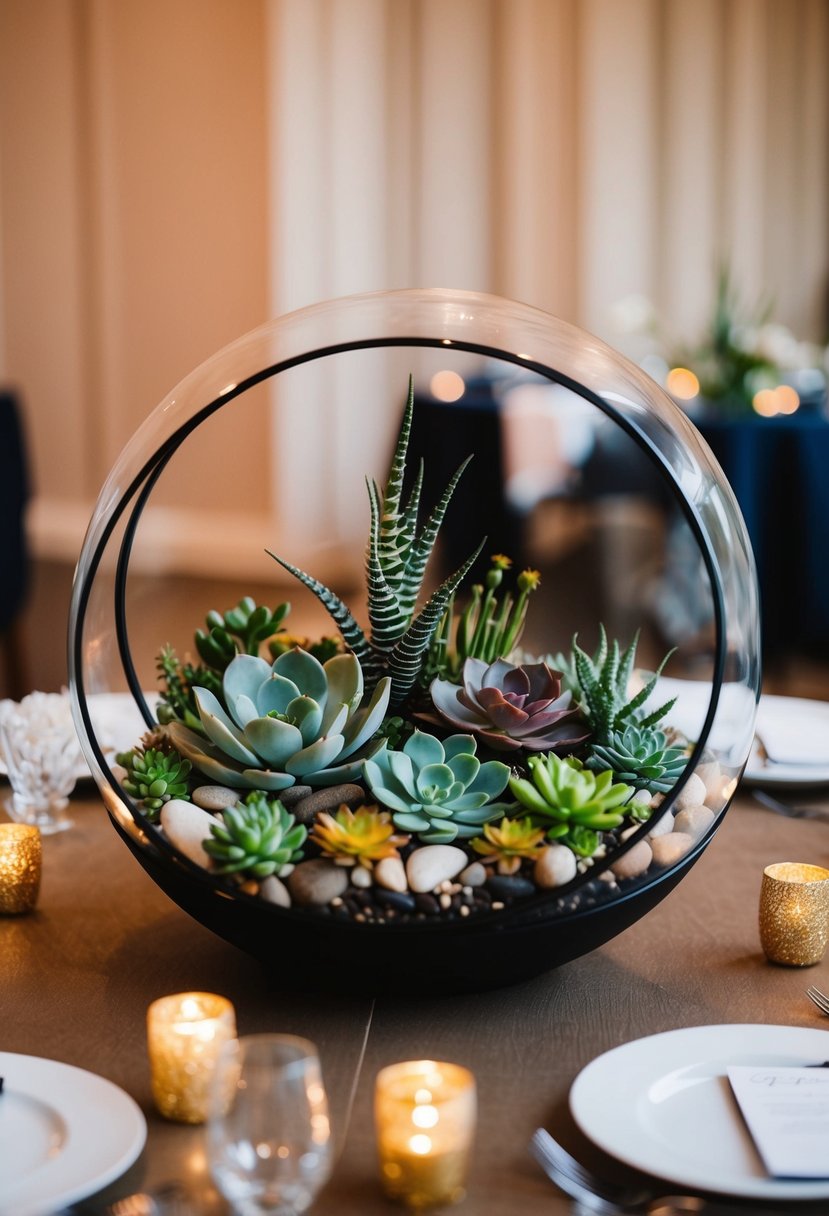 A circular terrarium display featuring a variety of succulents and decorative elements, serving as a unique and elegant wedding table centerpiece