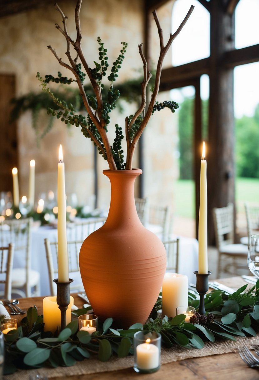 A terracotta vase with grapewood branches sits atop a rustic wedding table, accented with greenery and candles