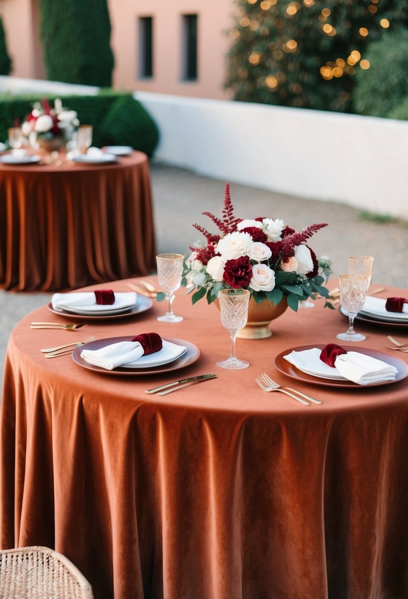 Terracotta table draped in velvet with elegant centerpiece and matching accents