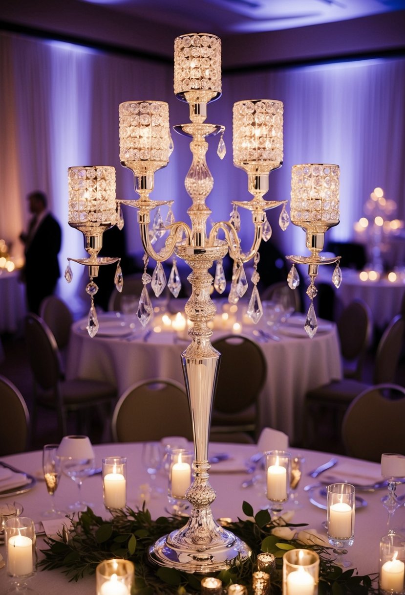 A silver candelabra adorned with sparkling crystals stands as the centerpiece on a round wedding reception table, casting a warm and elegant glow