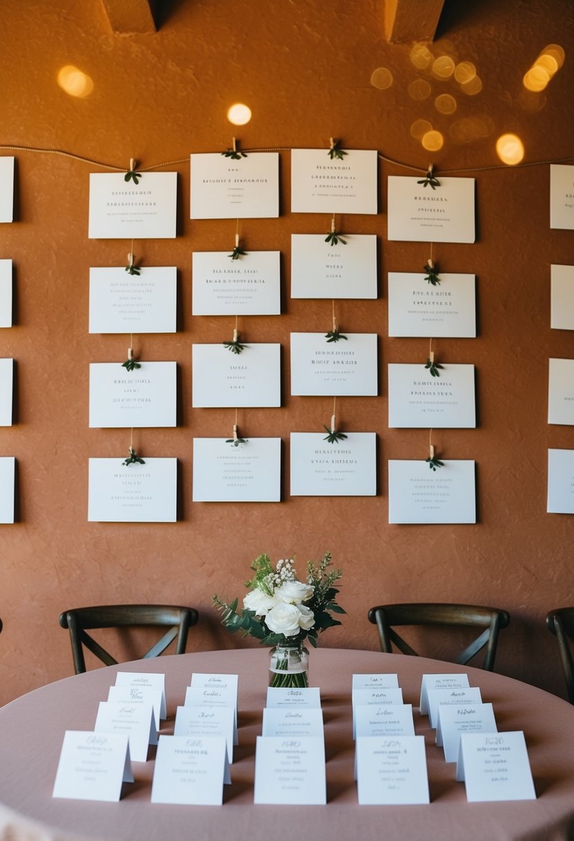 A terracotta wall with escort cards arranged in a decorative pattern for a wedding table