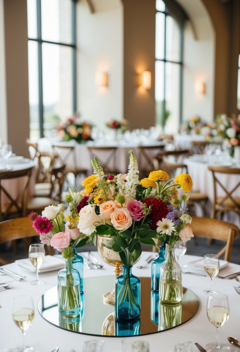 A circular wedding table adorned with vases of mixed seasonal flowers in various colors and sizes