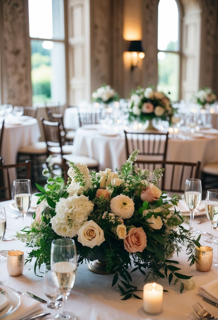 Lush floral compotes overflow on a charming wedding table