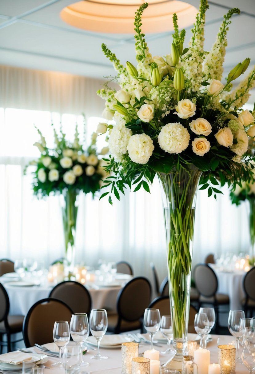 Tall vases filled with flowers adorn a wedding table, adding an elegant and charming touch to the decor