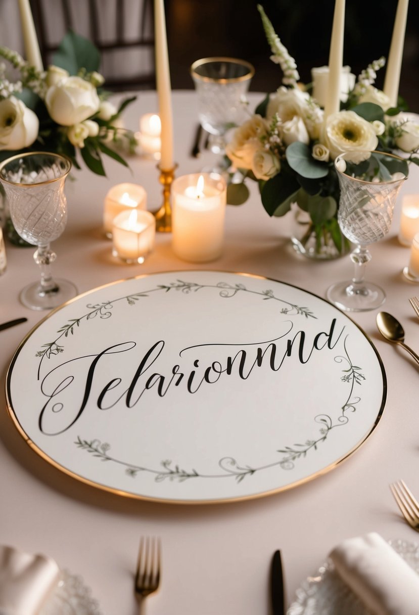 Circular table with personalized numbers in elegant calligraphy, surrounded by delicate floral centerpieces and soft candlelight