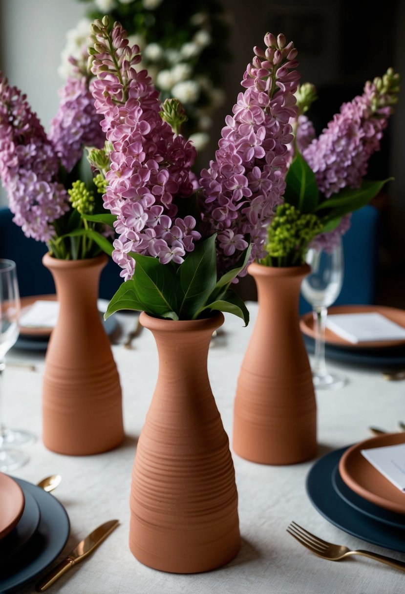 A table adorned with terracotta vases filled with lilac and terracotta bouquets