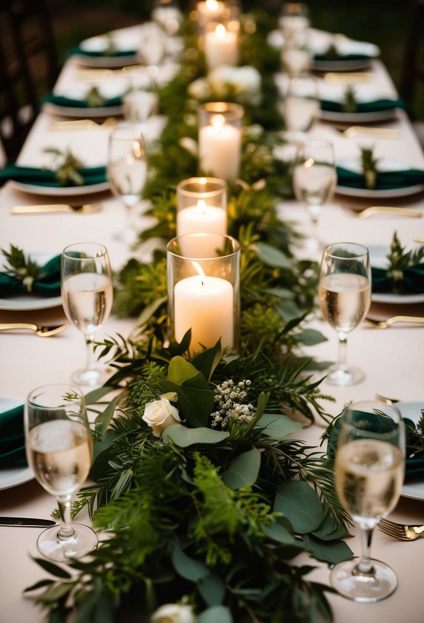 A table adorned with lush greenery runners, creating charming wedding decoration ideas