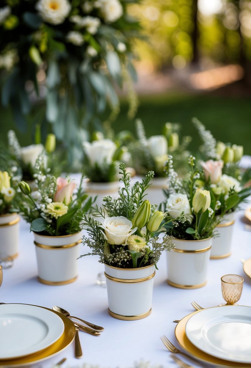 A collection of mini compotes filled with flowers and greenery, arranged on a wedding table as charming decorations