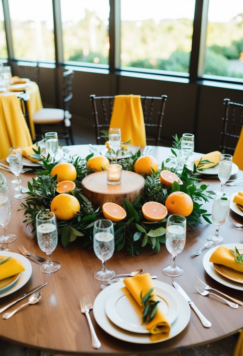 A circular wedding table adorned with citrus fruit accents and greenery