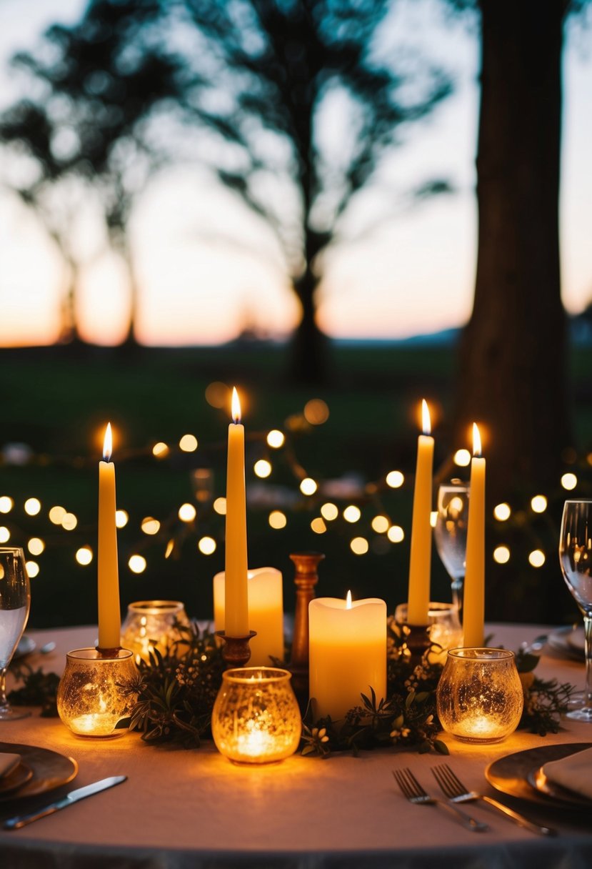 Rustic candles and fairylights illuminate a charming wedding table